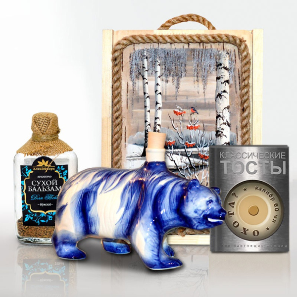 Подарочный набор "Медведь" (фарфор с росписью "кобальт", в деревянном коробе с картиной)
